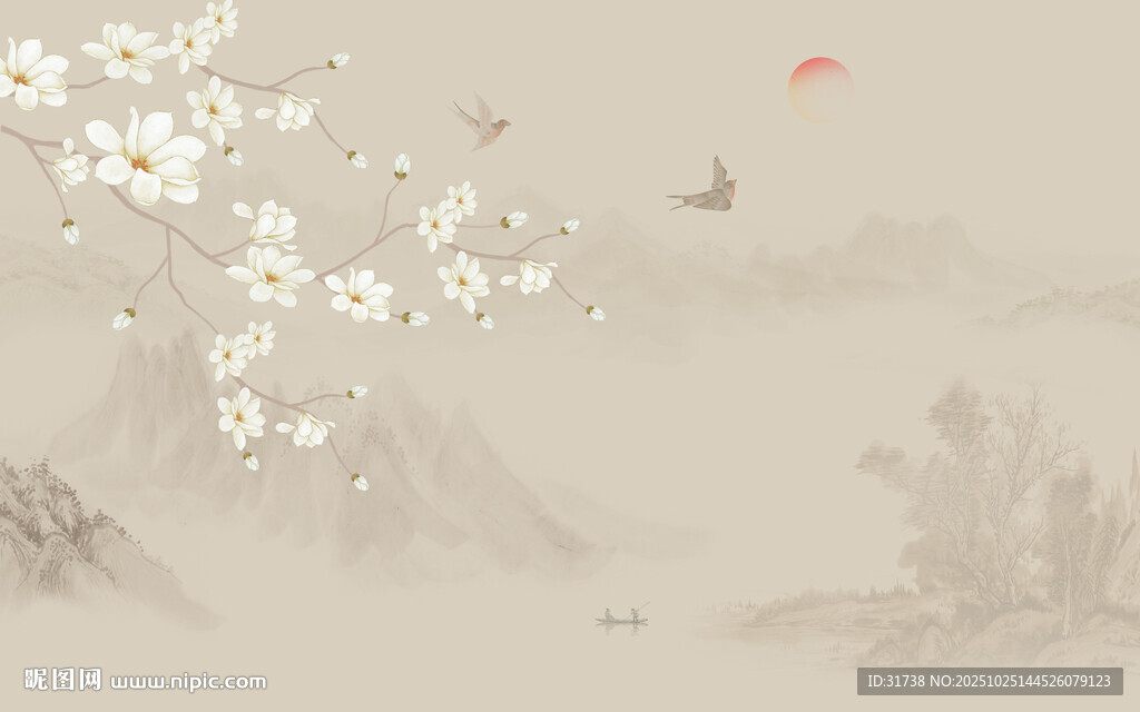 新中式玉兰花鸟画背景墙壁画