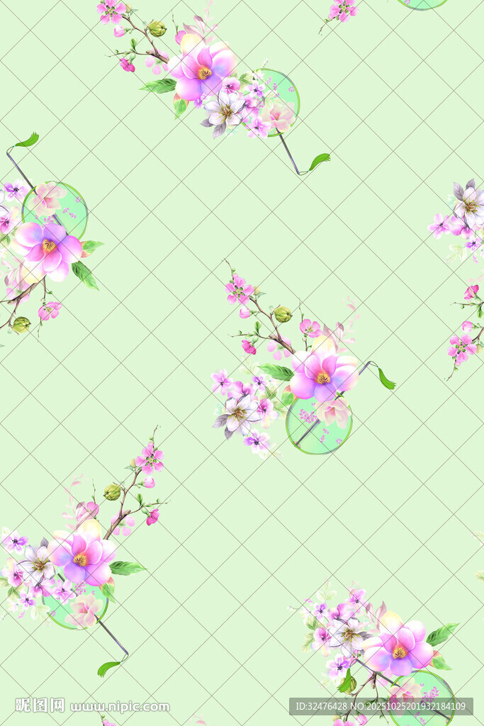 淡绿底粉花清新花卉图案