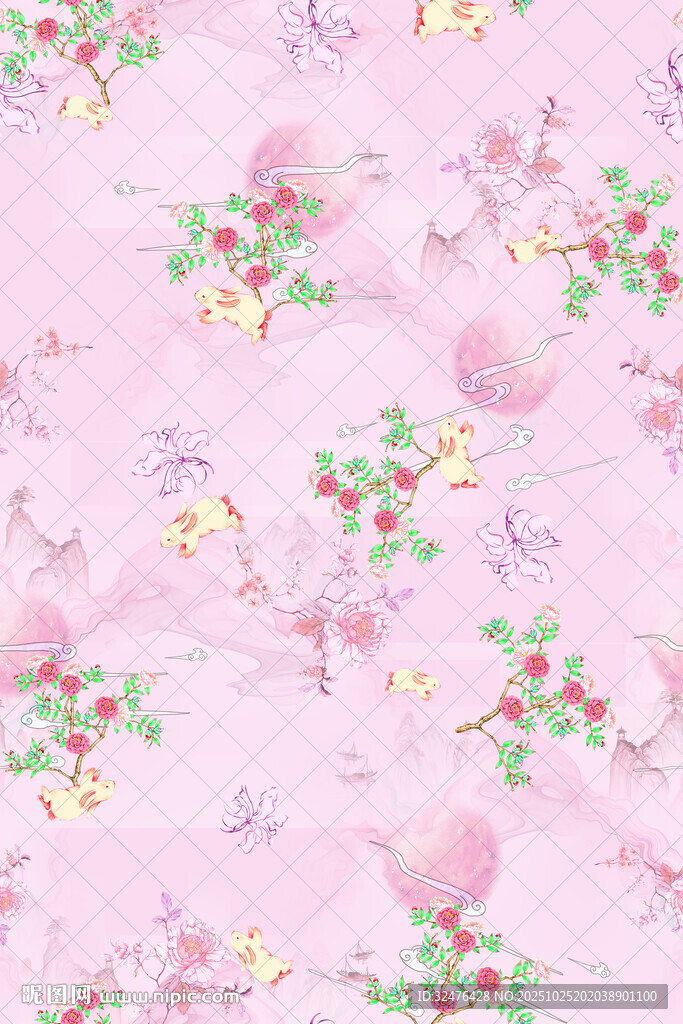 粉色花卉小鸟图案背景
