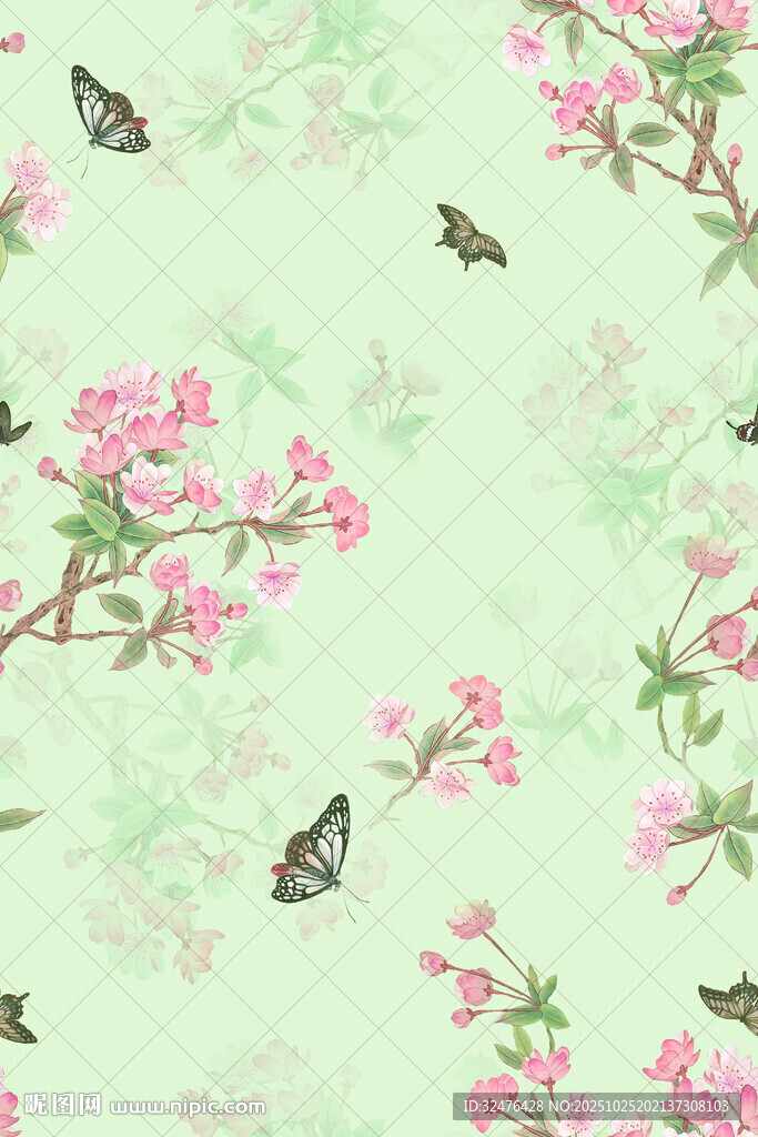 淡绿底花卉蝴蝶图案背景
