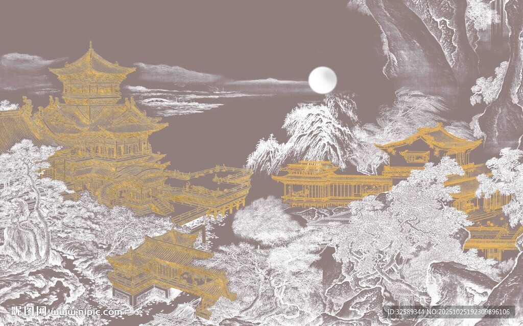 古风山水月夜美景图