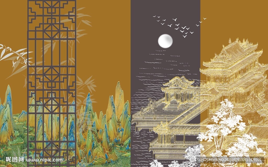 中式月夜园林景致