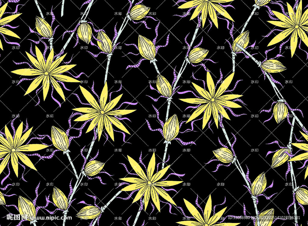黄色花卉黑色背景图案