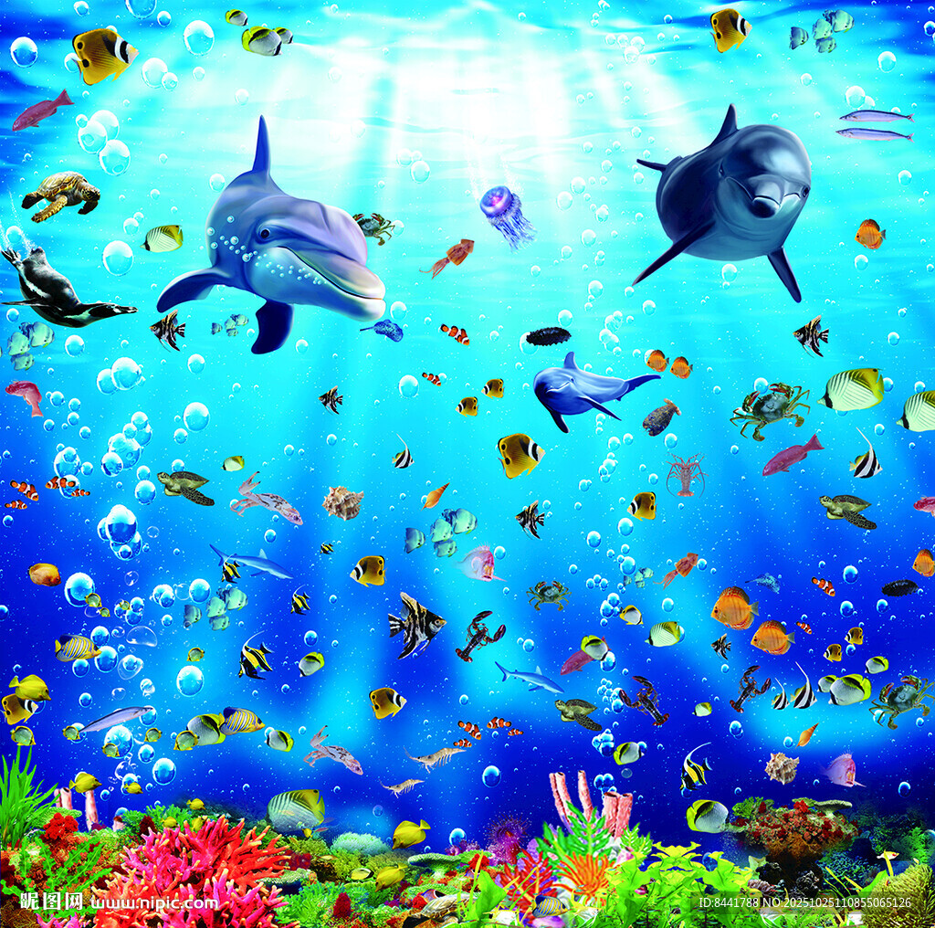 梦幻海底世界的海豚与鱼群