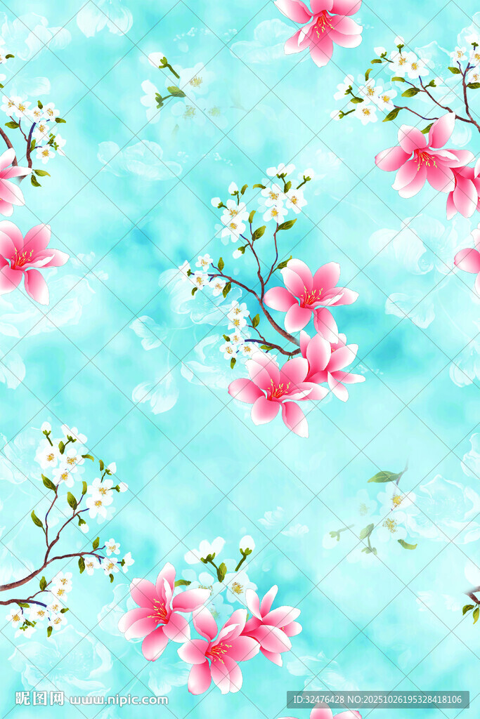 蓝底粉色花卉图案背景