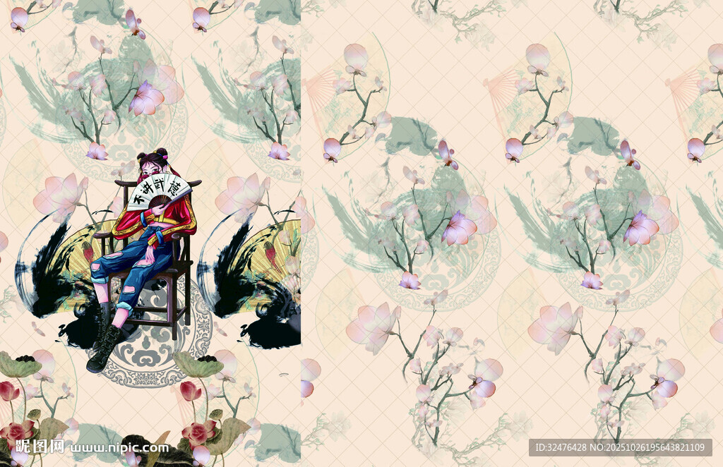 中式花鸟人物装饰图案