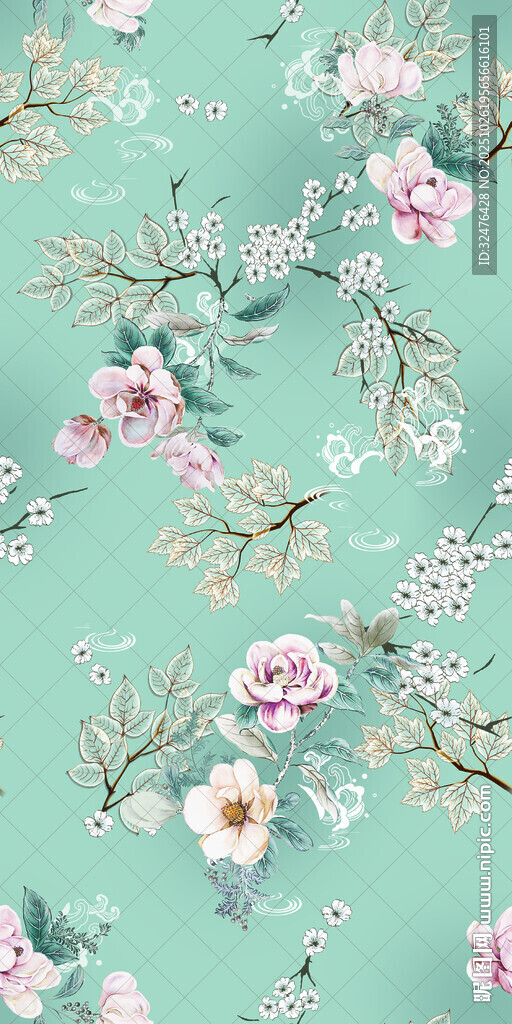 清新绿底花卉图案背景