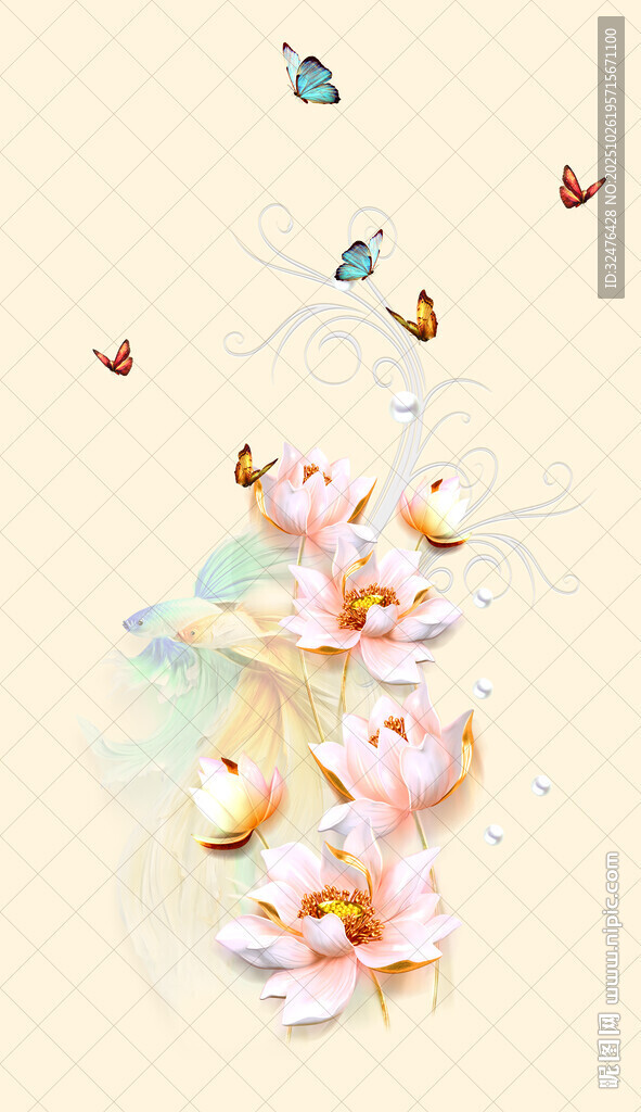 水墨风花卉与飞舞蝴蝶