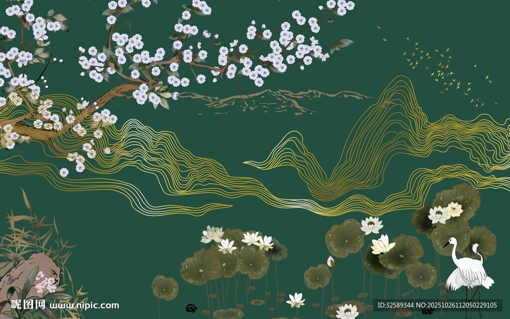 中式山水花卉意境插画