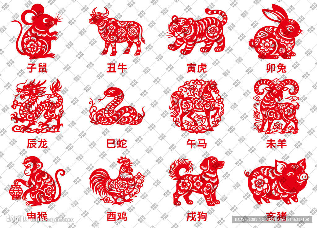 十二生肖剪纸插画矢量图元素