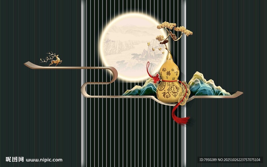 古风仙鹤圆月山水装饰图