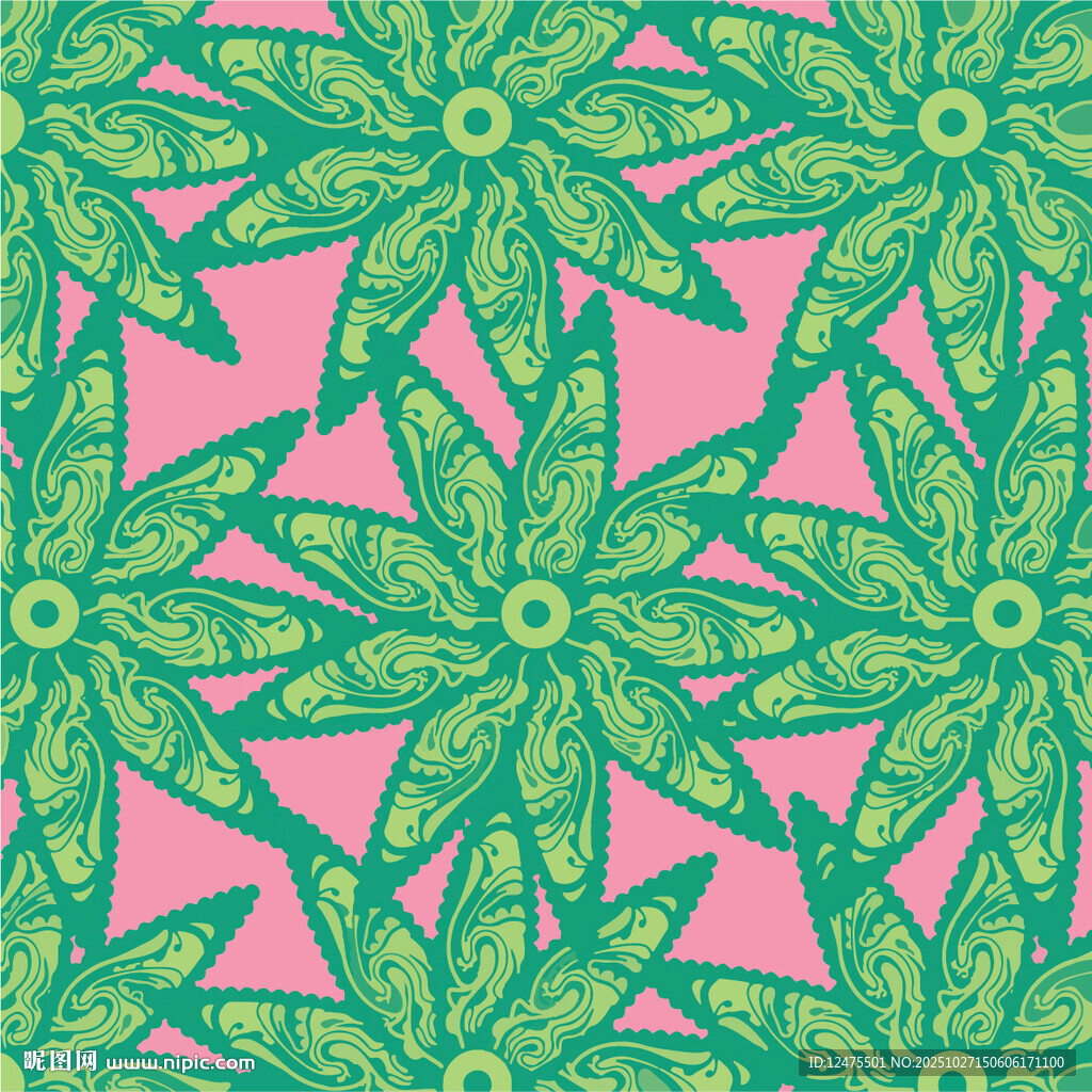 粉色背景绿叶花卉图案