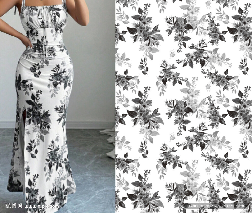 黑白花卉图案修身连衣裙