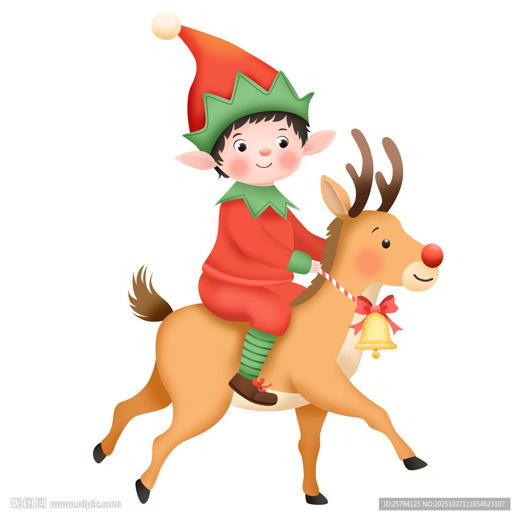 卡通圣诞节小精灵男孩骑驯鹿奔跑