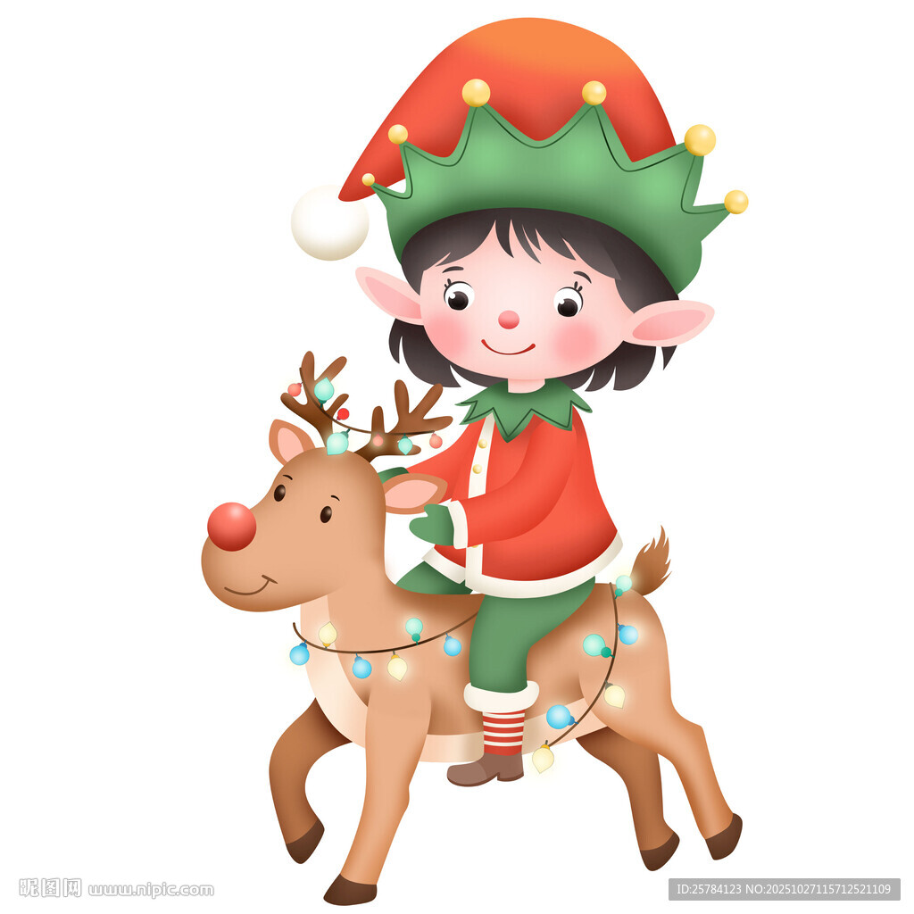 卡通圣诞节小精灵女孩骑彩灯驯鹿