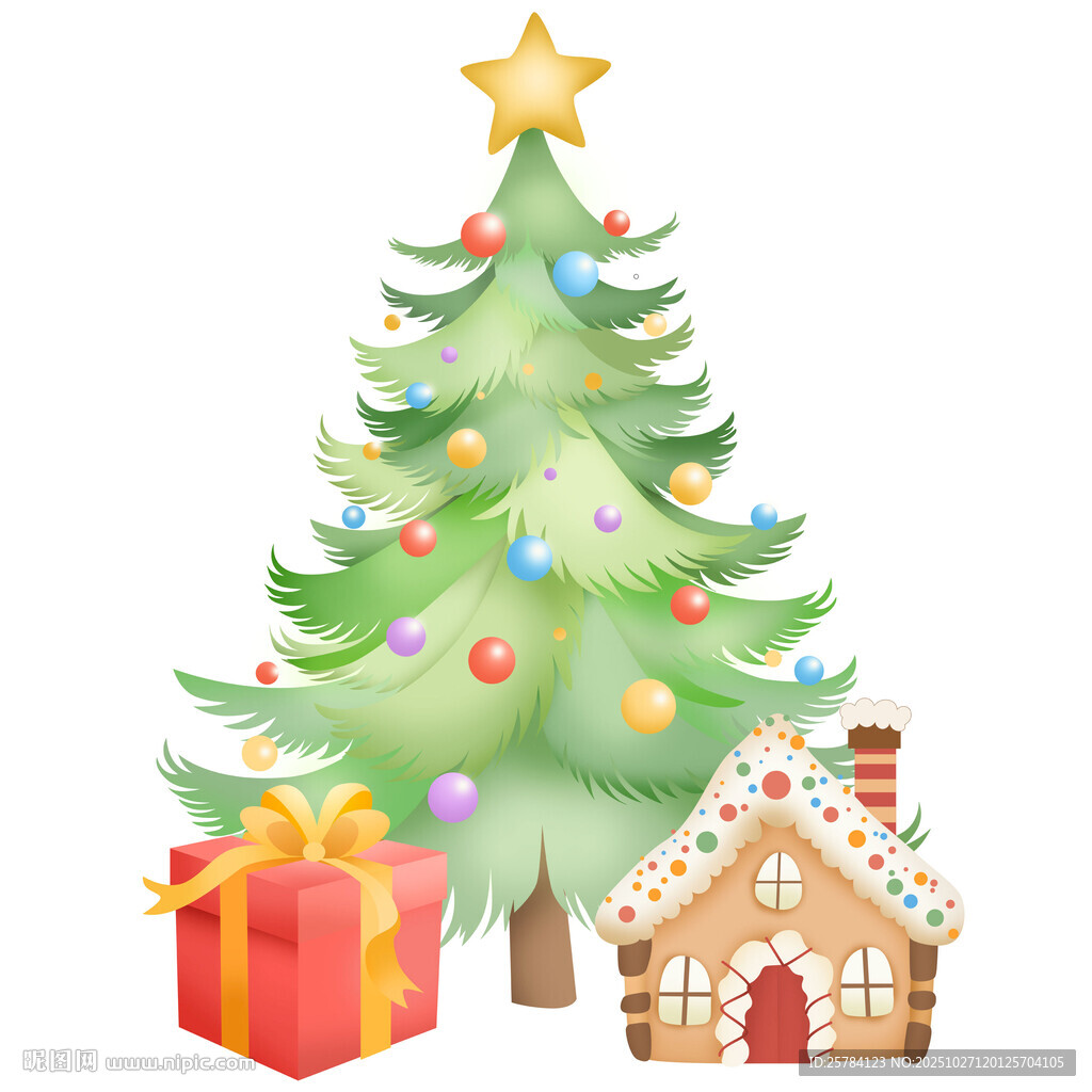 卡通圣诞节圣诞树下的礼盒姜饼屋