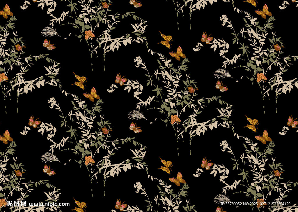 黑色底花卉植物图案纹理