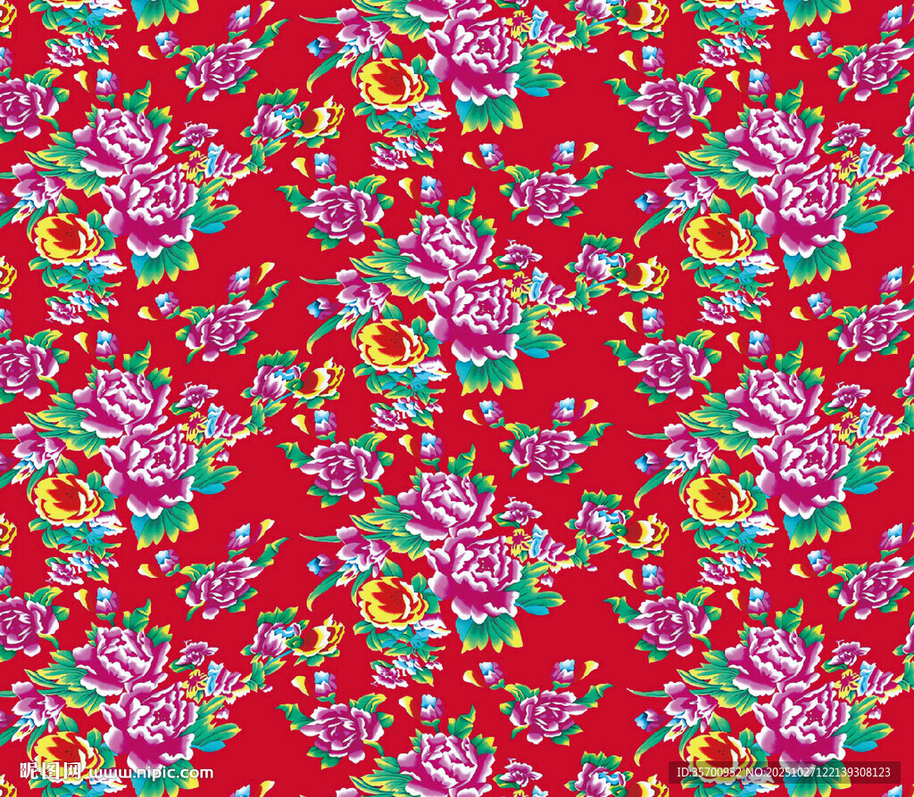 红色花卉传统图案布料