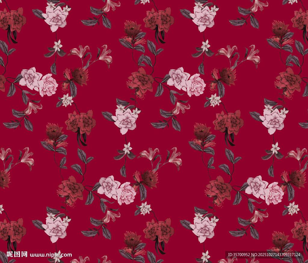 深红底花卉图案布料纹理