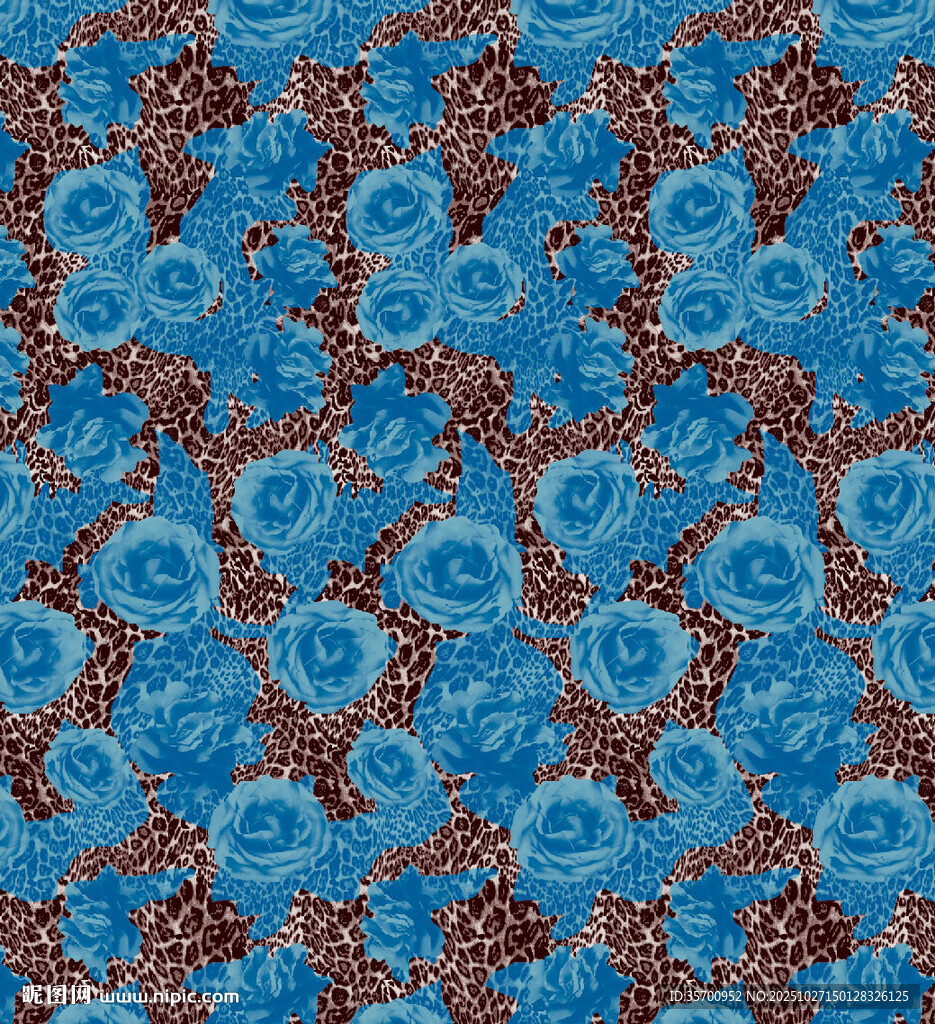 蓝色花卉豹纹 图案布料纹理