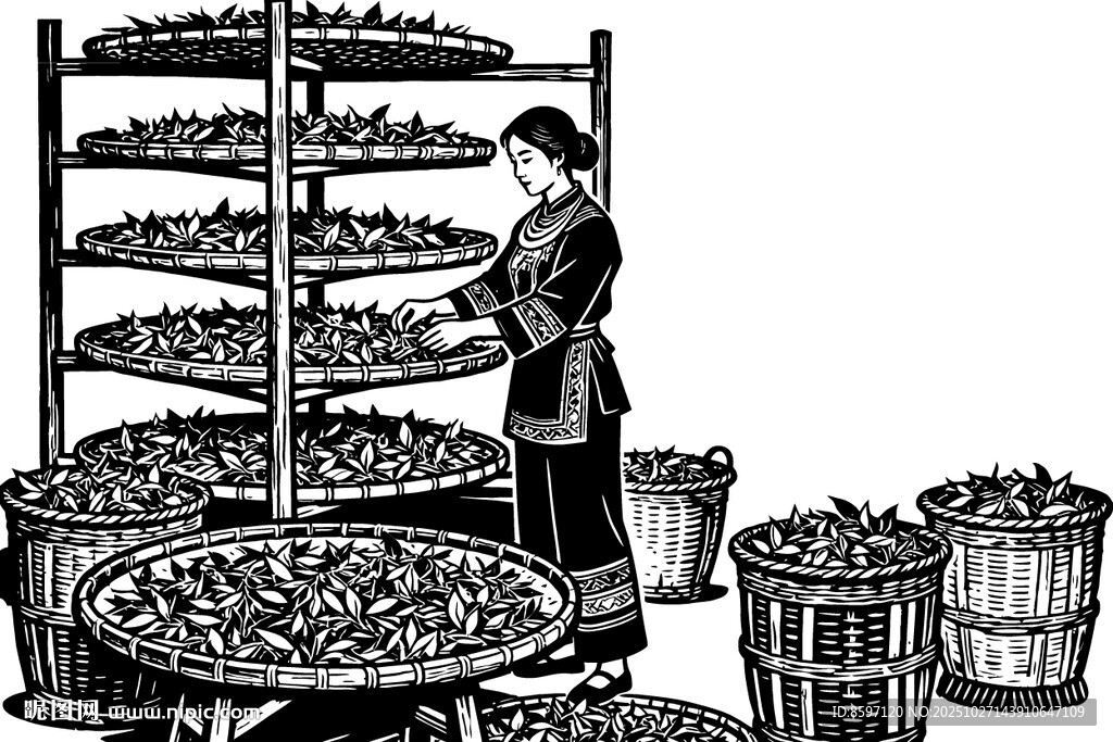 木刻风格黑白剪影晒茶的少女