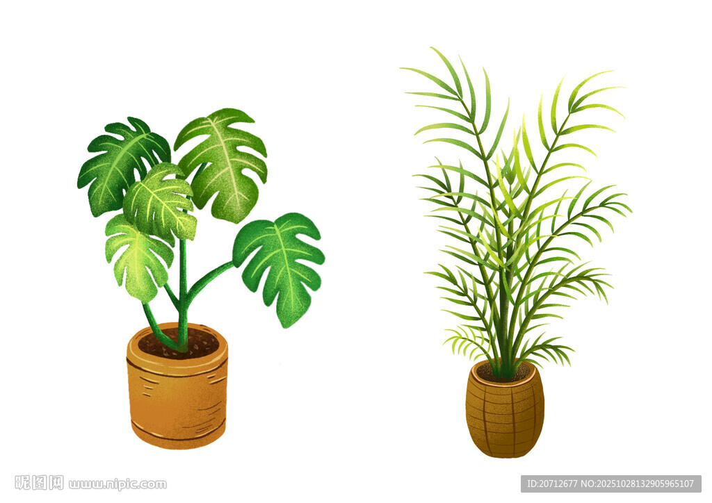 扁平风手绘绿色植物盆栽插画