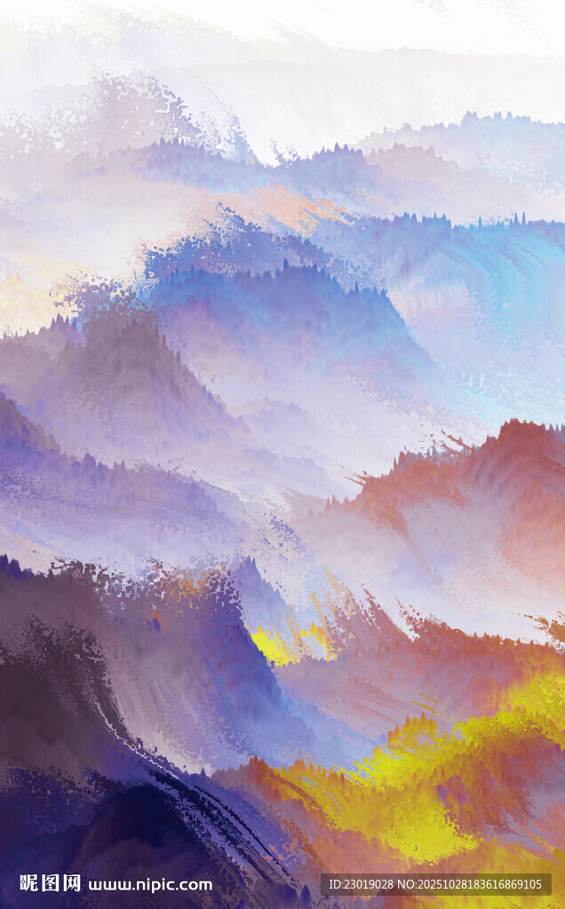 梦幻多彩山峦水彩画