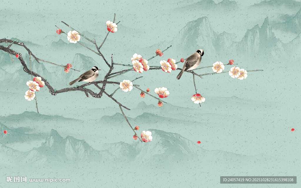 新中式工笔花鸟梅花