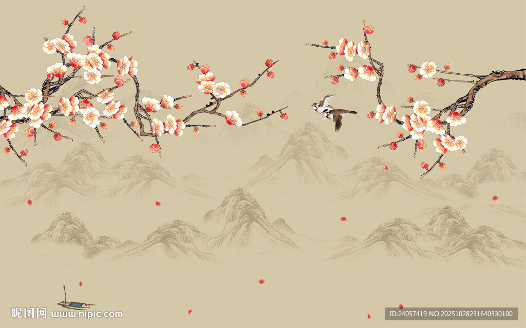 新中式工笔花鸟梅花山水