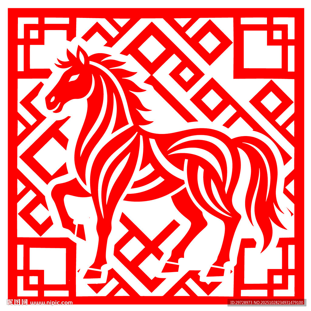 红色剪纸风骏马图案