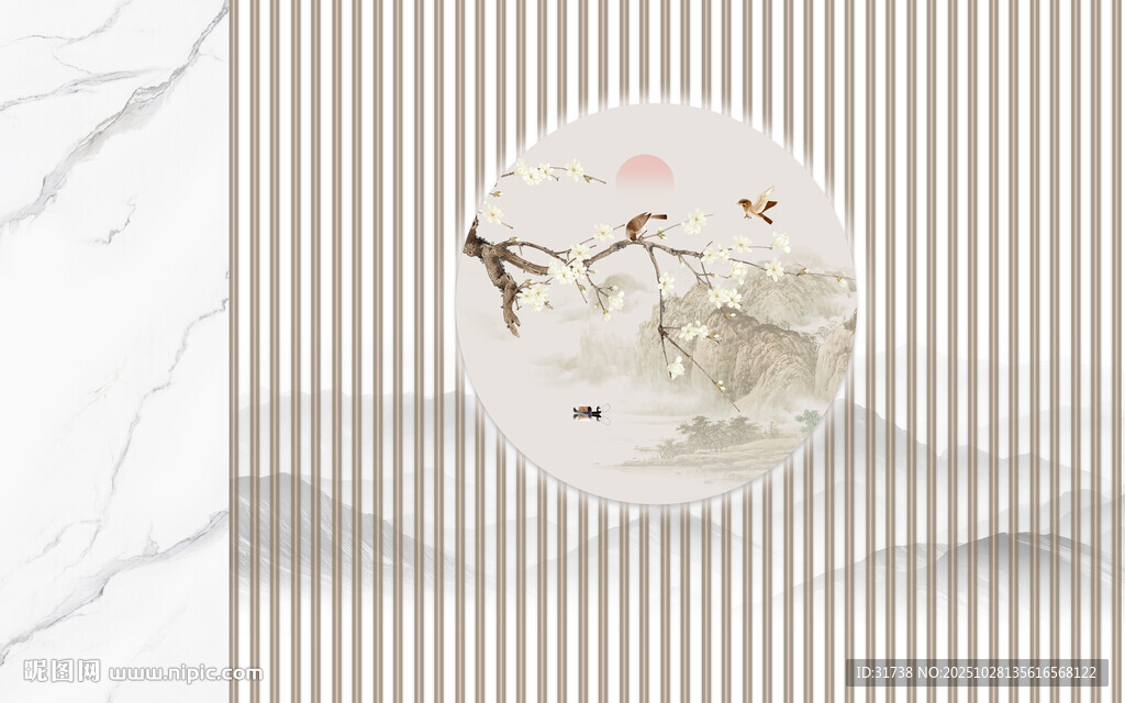 新中式花鸟格栅山水画幕墙背景墙