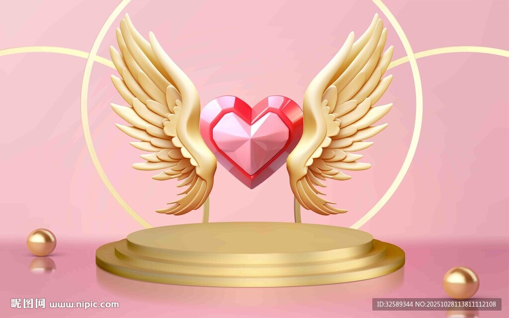 带翼爱心置于金色平台上