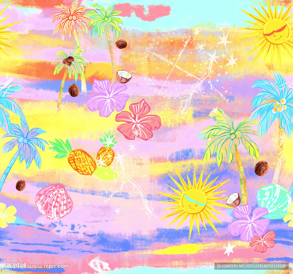 数码印花夏日海滨梦幻花卉图案