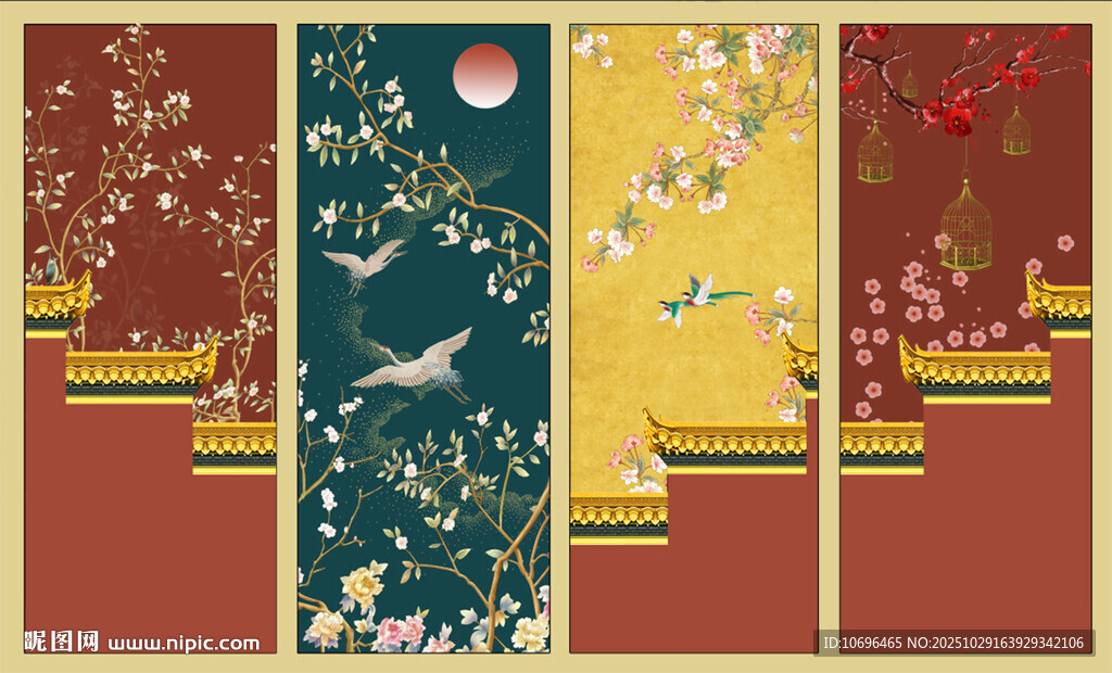 新中式古典花鸟背景墙