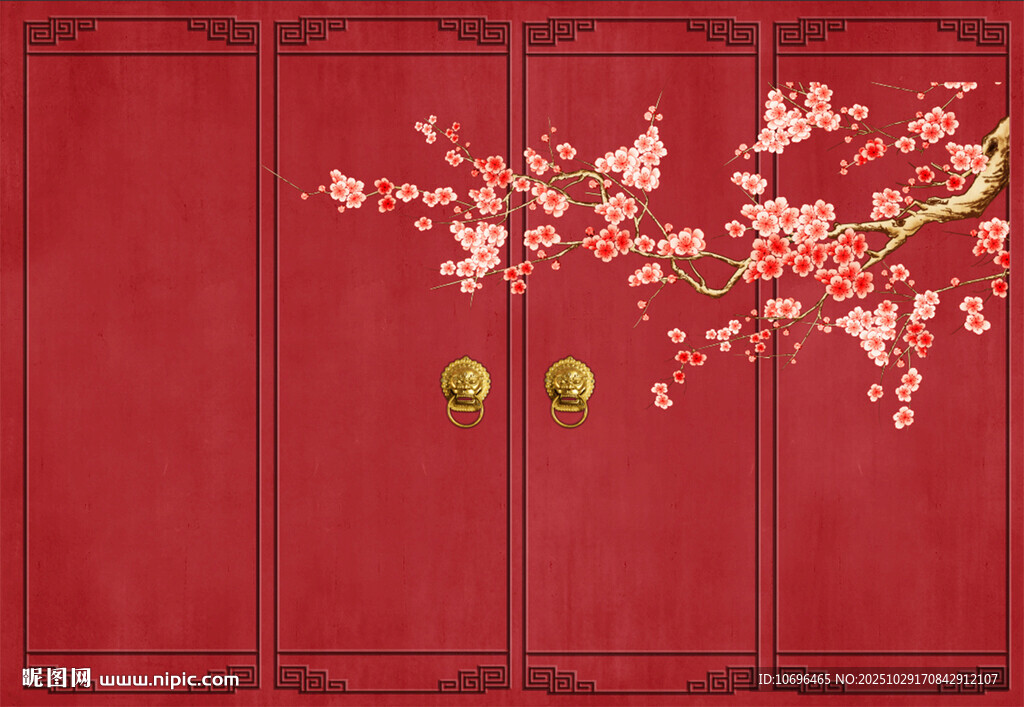 中国风故宫红墙梅花墙纸中式木门