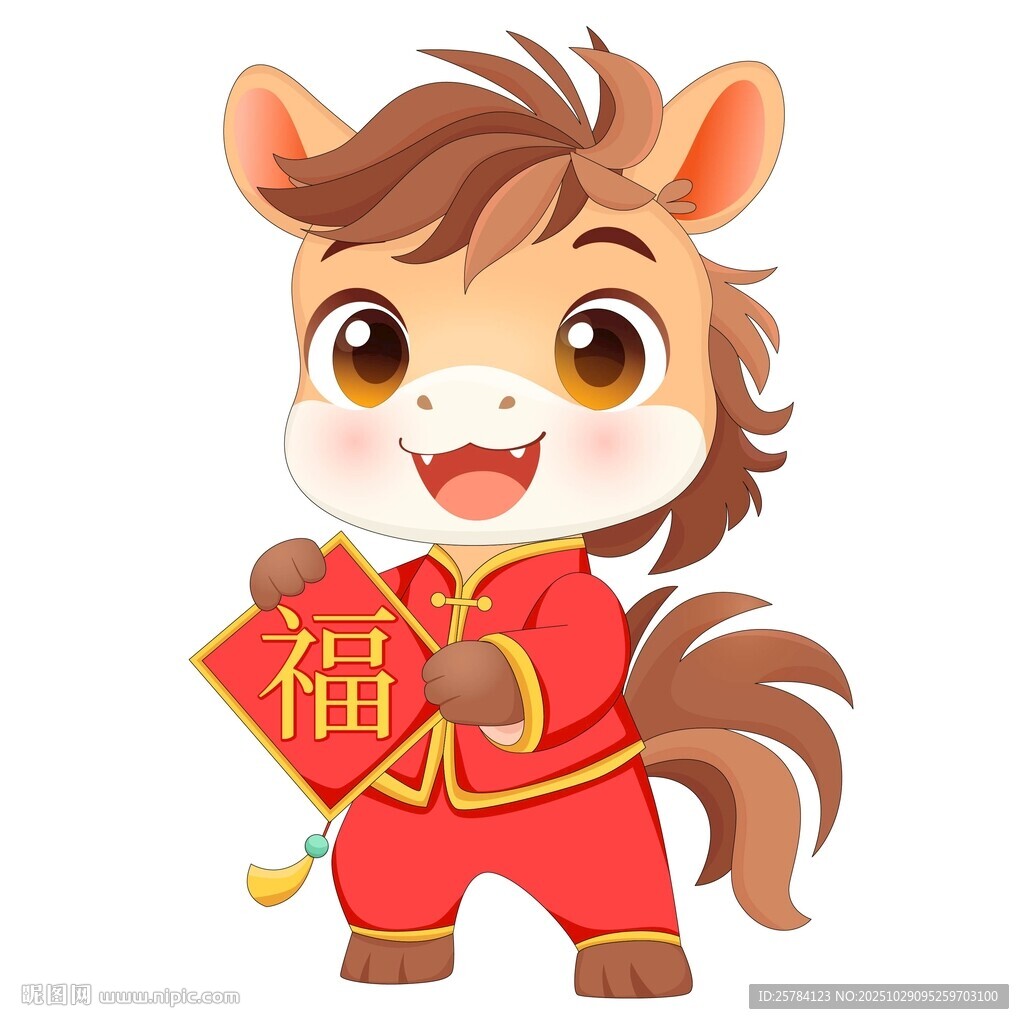 马年春节迎新拿福字小马驹插画