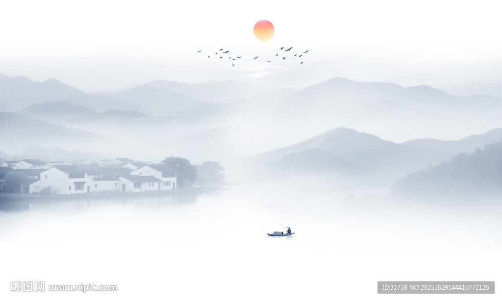 新中式水墨国画山水背景墙壁画