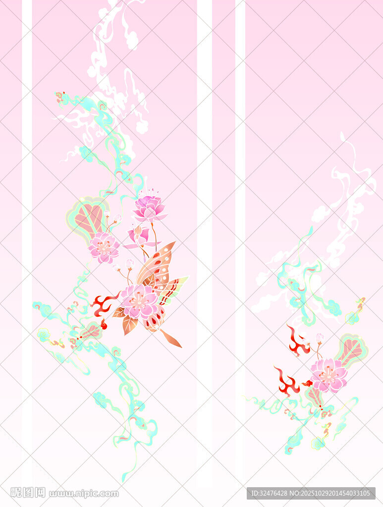 粉色花卉飞鸟装饰图案