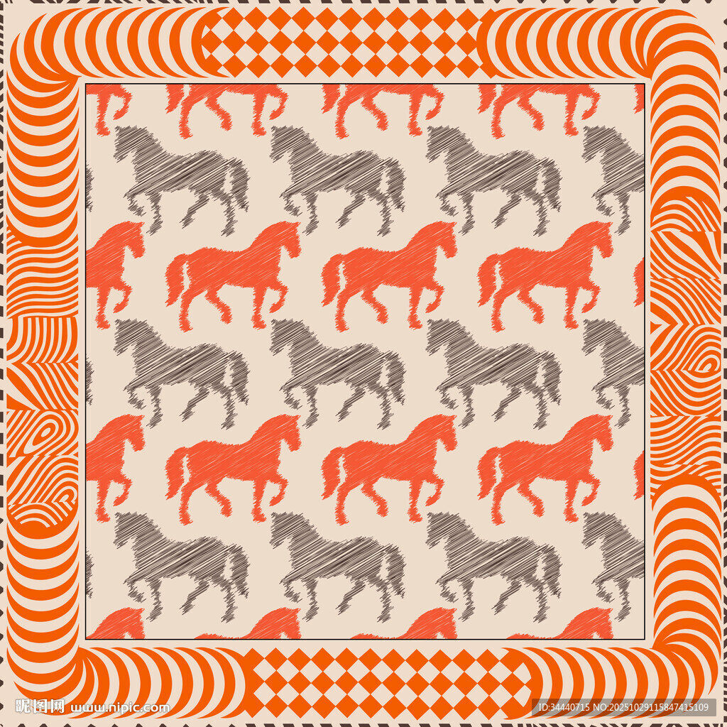 马主题几何图案布料设计