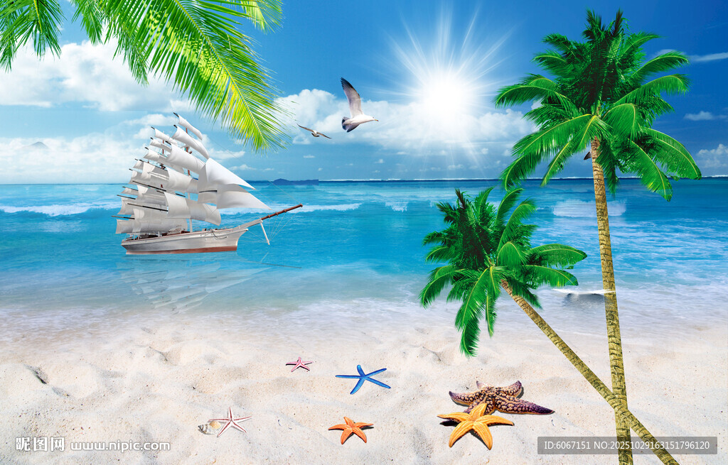 蓝天大海沙滩椰树背景墙