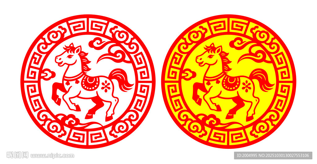 马年传统圆形剪纸图案