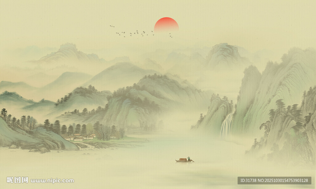 新中式古典山水画背景墙