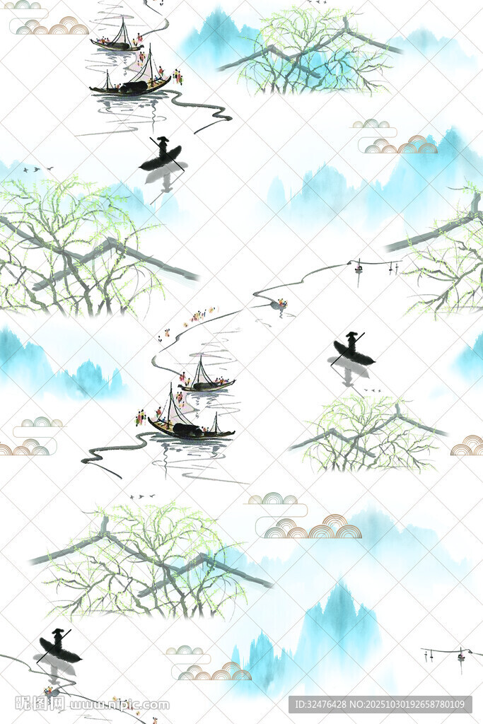 水墨山水间的飞鸟与扁舟