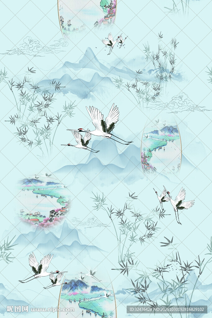 中式山水飞鸟梦幻插画