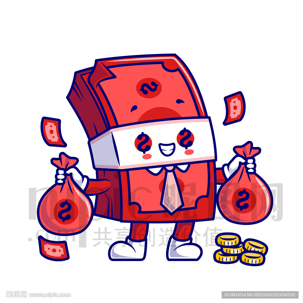 卡通钱袋形象手持钱袋与钞票