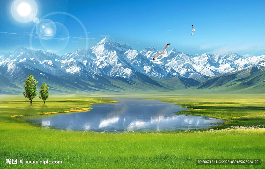 蓝天大草原雪山背景墙