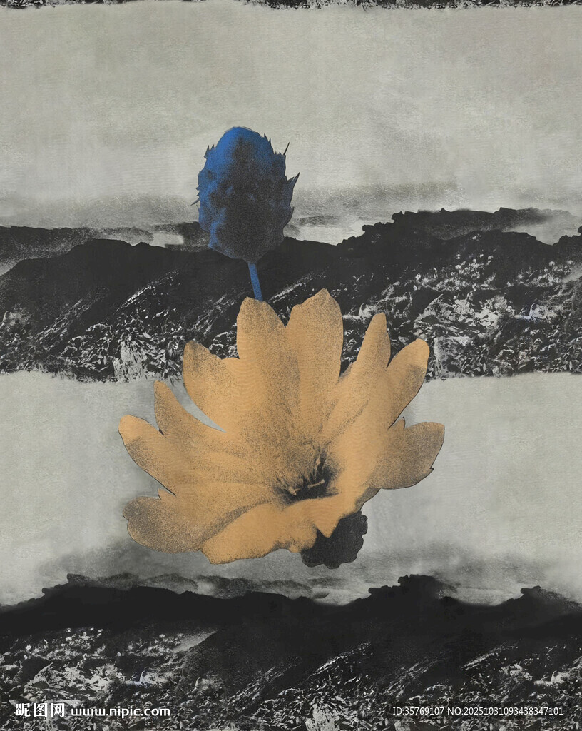 水墨风格小鸟栖于花朵上