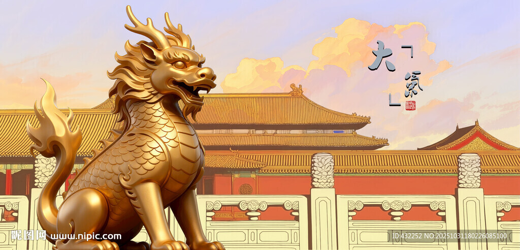 故宫前的威严麒麟雕塑