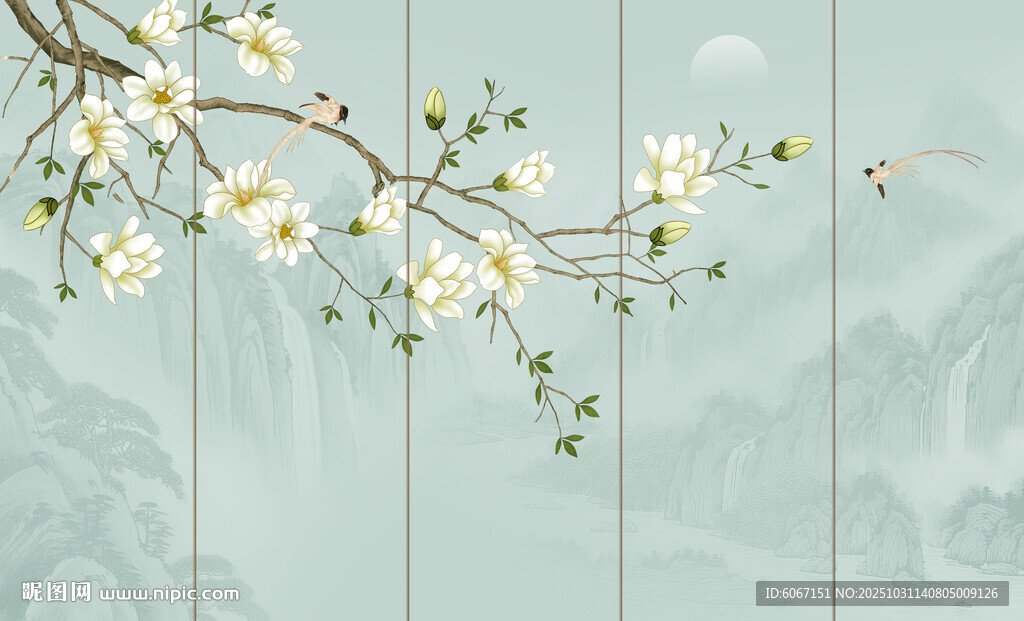 新中式兰花工笔花鸟画背景墙