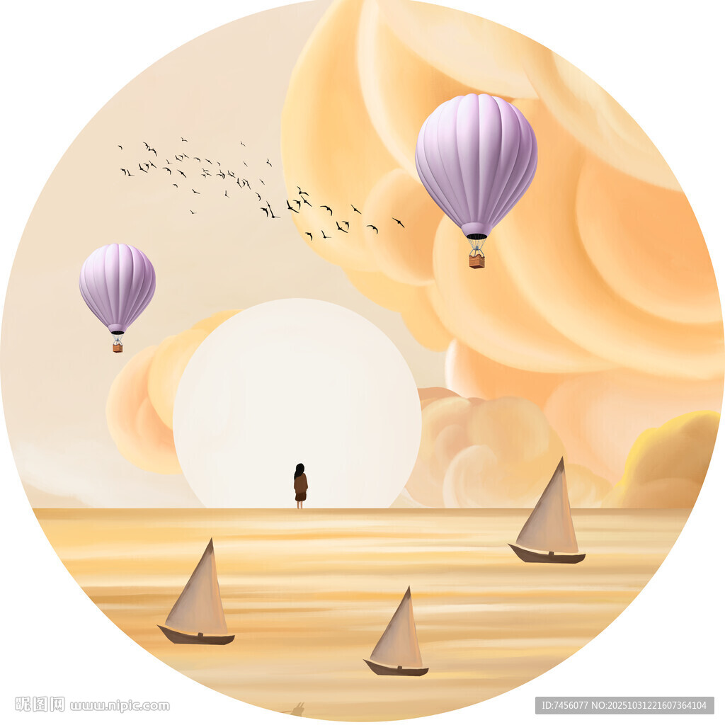 梦幻海上热气球日出景象